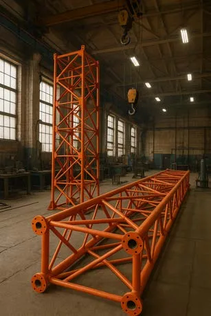 Fabricated telecom tower section in a workshop