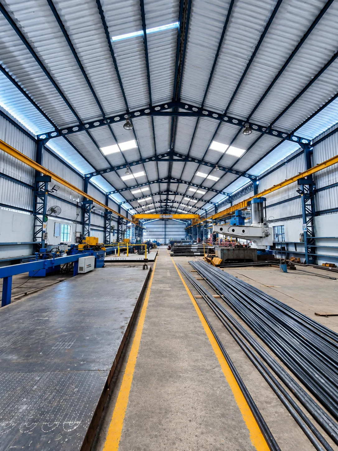 Fabrication workshop with heavy steel components